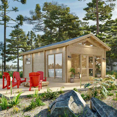 Front view of the Sawmill Structures Edwin Lake House PLUS 70MM Garden Room shows a charming wooden cabin with glass doors