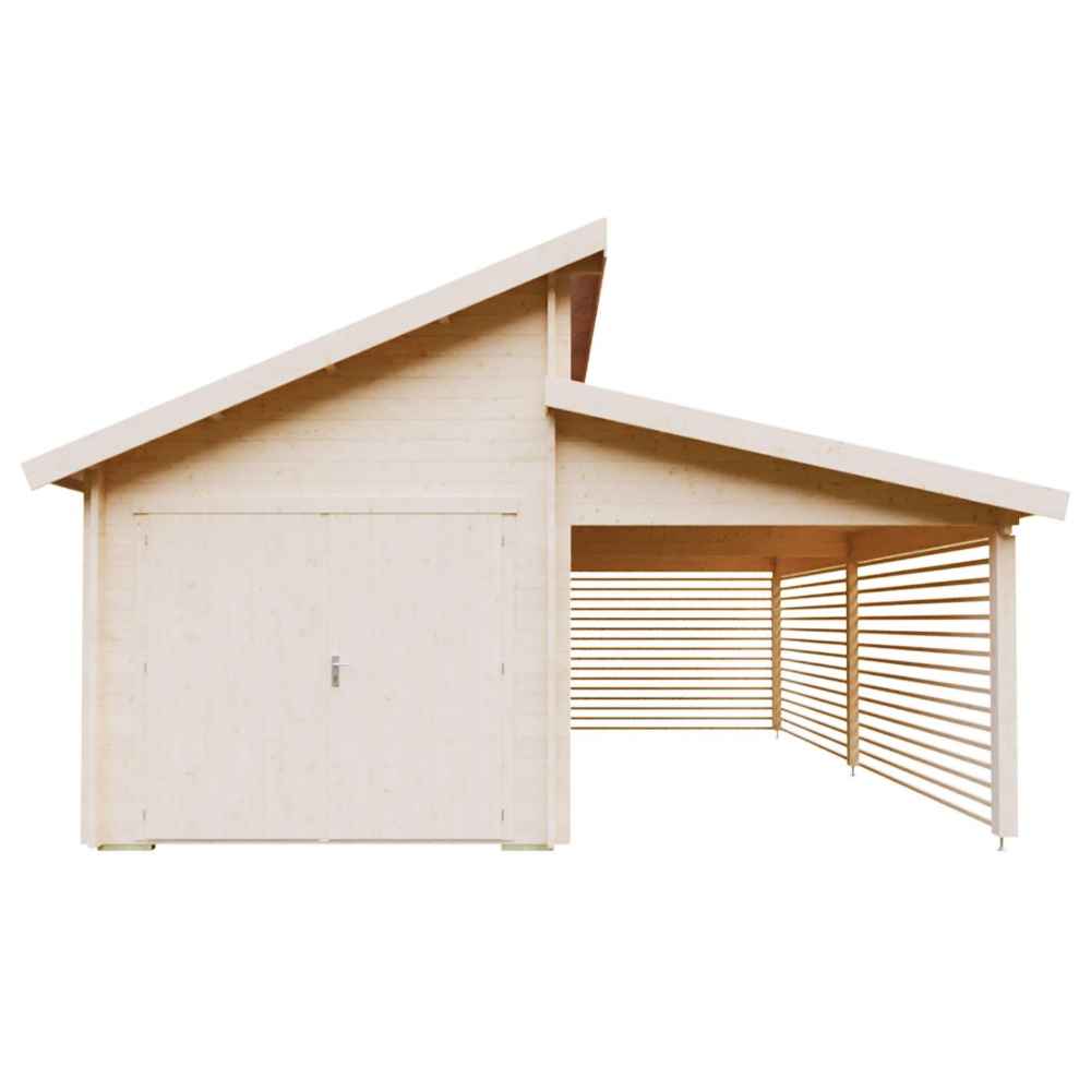 Front view reveals a dual-roof design and attached slatted carport of the GardenHouse24 USA Garage Morten 44A Garden Room