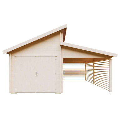 Front view reveals a dual-roof design and attached slatted carport of the GardenHouse24 USA Garage Morten 44A Garden Room