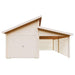 Front view reveals a dual-roof design and attached slatted carport of the GardenHouse24 USA Garage Morten 44A Garden Room