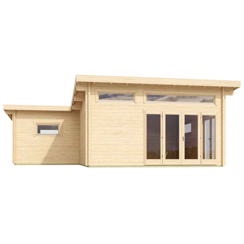 Front view showing large glass doors and clerestory windows of the GardenHouse24 USA Harbord 70 Garden Room, highlighting natural light and a stylish roof overhang