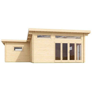 Front view showing large glass doors and clerestory windows of the GardenHouse24 USA Harbord 70 Garden Room, highlighting natural light and a stylish roof overhang