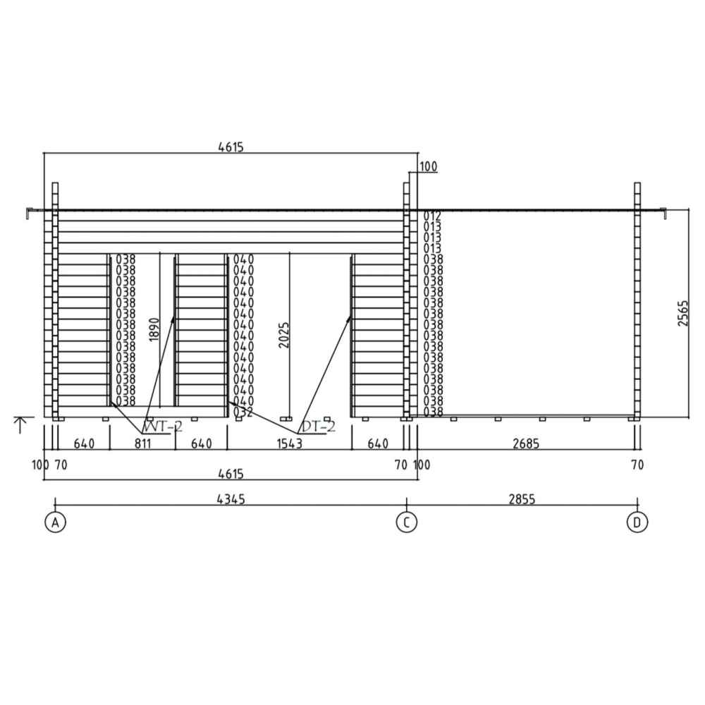 Frontal architectural diagram illustrates detailed measurements of the door and window placements for the GardenHouse24 USA Lilja 70 Garden Room