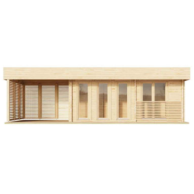 Frontal architectural view of the GardenHouse24 USA Sauna Largo 90 Garden Room displaying a full row of glass doors and shaded wooden slats
