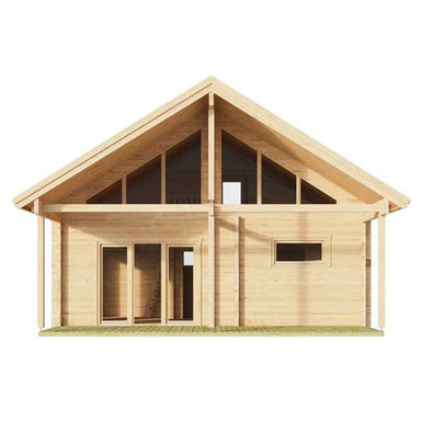 Frontal view highlights the triangular gable, expansive windows, and door of the GardenHouse24 USA Sauna Marit 90 Garden Room