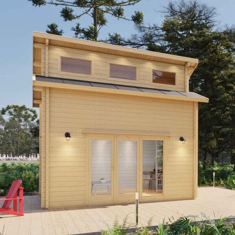 Frontal view highlights upper windows and spacious glass doors of Sawmill Structures The Versa 160 Atrium Loft 70MM Garden Room