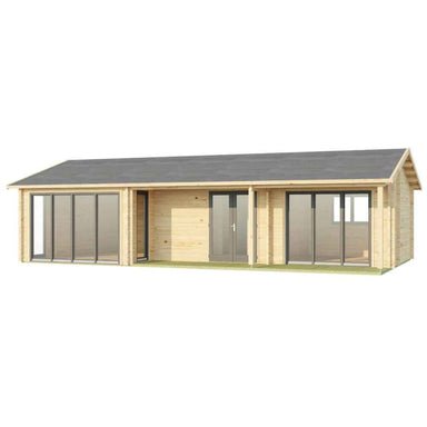 Frontal view of the GardenHouse24 USA Casablanca 70 Garden Room shows the unit with all windows and doors frosted out, highlighting the full facade design