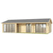 Frontal view of the GardenHouse24 USA Casablanca 70 Garden Room shows the unit with all windows and doors frosted out, highlighting the full facade design