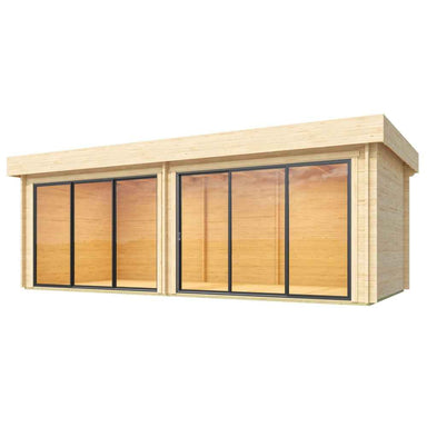 Frontal view of the GardenHouse24 USA Lasse 44A ALU Garden Room highlights its full-length double sliding glass doors