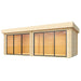 Frontal view of the GardenHouse24 USA Lasse 44A ALU Garden Room highlights its full-length double sliding glass doors