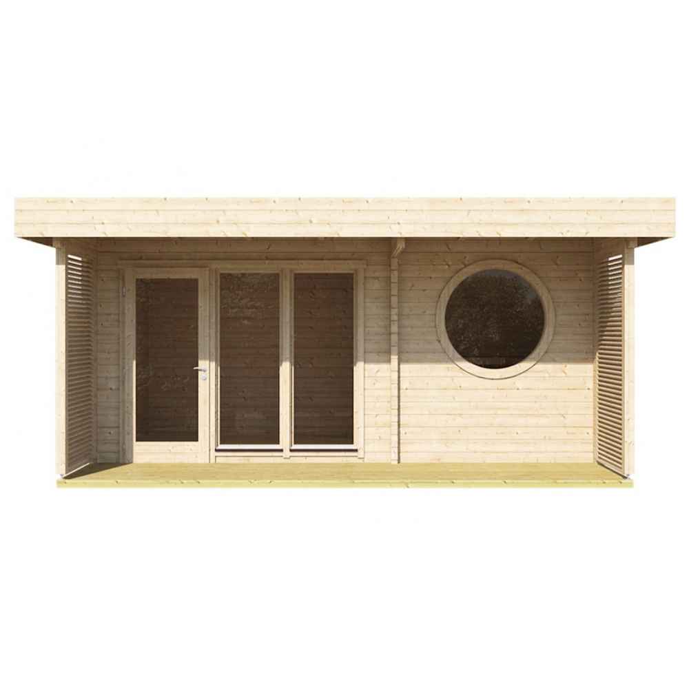 Frontal view of the GardenHouse24 USA Sauna Sirpa 90 Garden Room highlights its large glass doors, circular window, and stylish wooden exterior