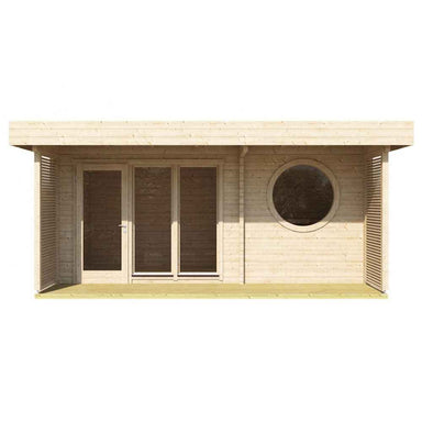 Frontal view of the GardenHouse24 USA Sauna Sirpa 90 Garden Room highlights its large glass doors, circular window, and stylish wooden exterior