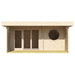 Frontal view of the GardenHouse24 USA Sauna Sirpa 90 Garden Room highlights its large glass doors, circular window, and stylish wooden exterior