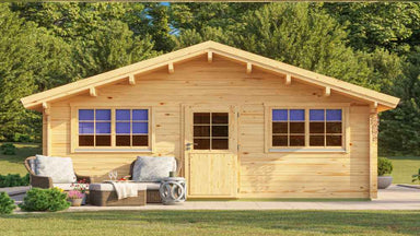 Frontal view of the GardenHouse24 USA Sean 44 Garden Room showcases its symmetrical wooden façade with two sets of double windows, a central door, and outdoor seating on a sunny lawn