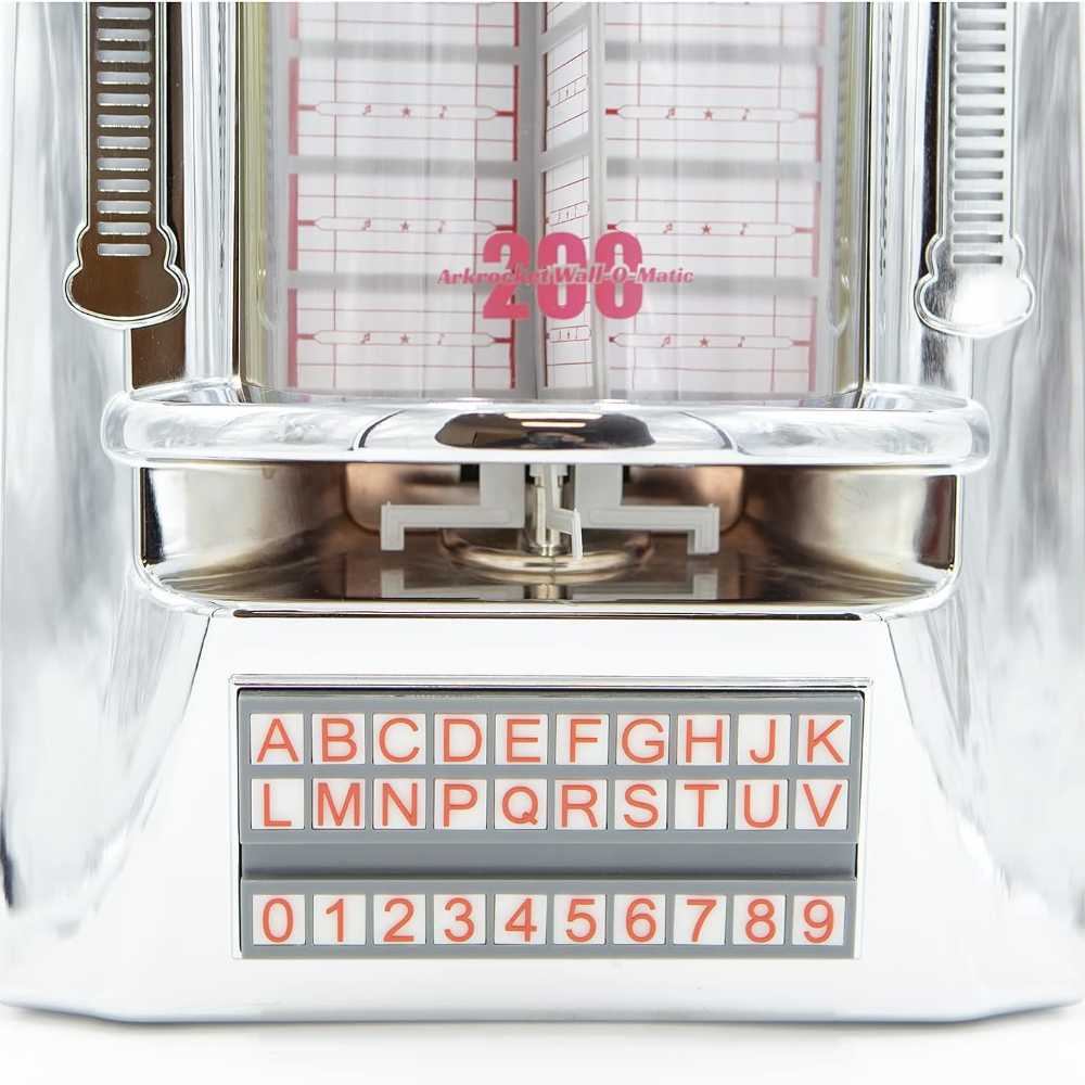 Front interface of Arkrocket 200 Wall-O-Matic Table Jukebox Wallbox Bluetooth Speaker Radio featuring a letter and number keypad for selecting songs