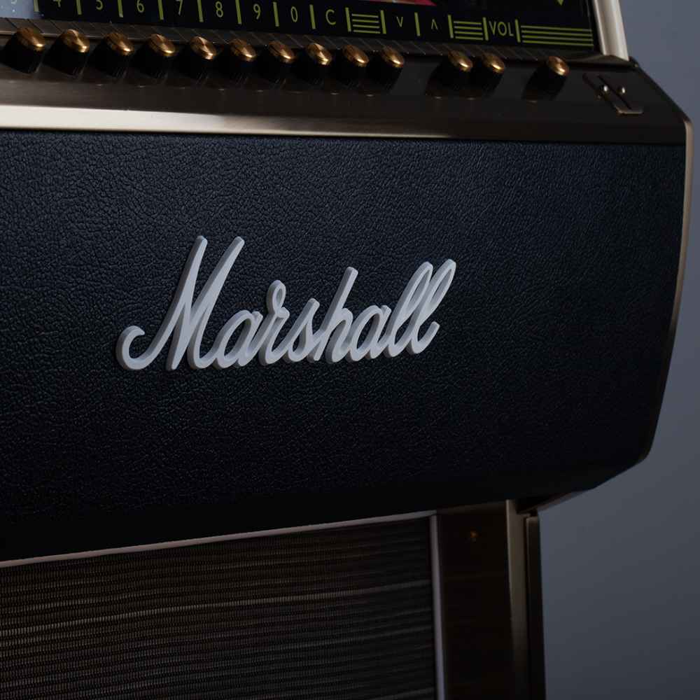 Front panel of the Marshall Rocket Vinyl Jukebox - Black highlights its modern yet retro-styled speaker grille and controls