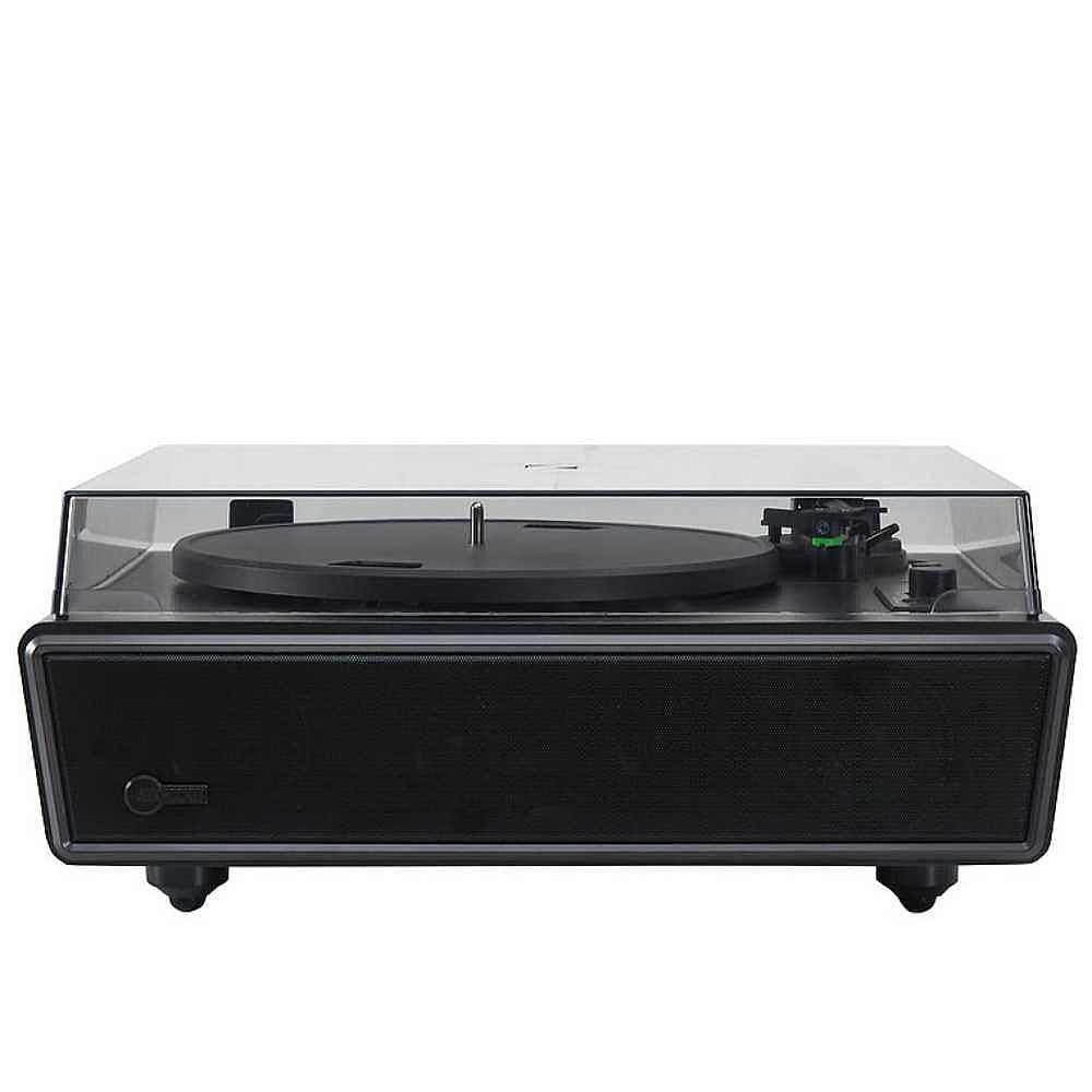 Front view of Arkrocket Huygens Bluetooth Turntable with Built-in Speakers (Black) with its transparent lid closed