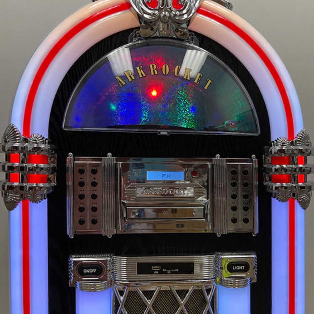 Front view of the Arkrocket Taurus II Jukebox with Stand - Black 2024 New Upgrade, emphasizing the chrome details, CD player, and colorful light strips