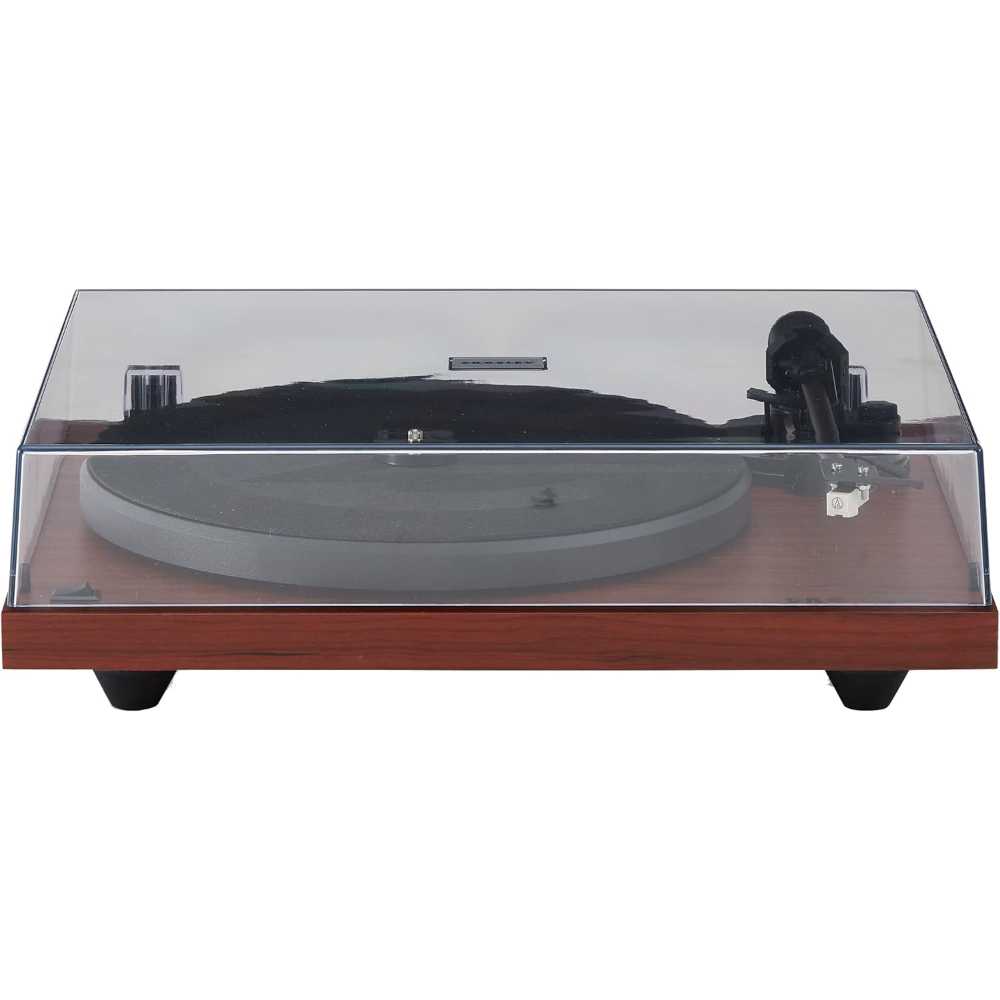 Front view of the Crosley C6 Bluetooth Turntable - Mahogany emphasizing its dust cover and professional aesthetic