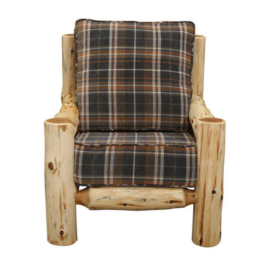 Front view of the Fireside Lodge Cedar Log Lounge Chair showcasing its dark plaid seat and back cushions framed by natural cedar logs