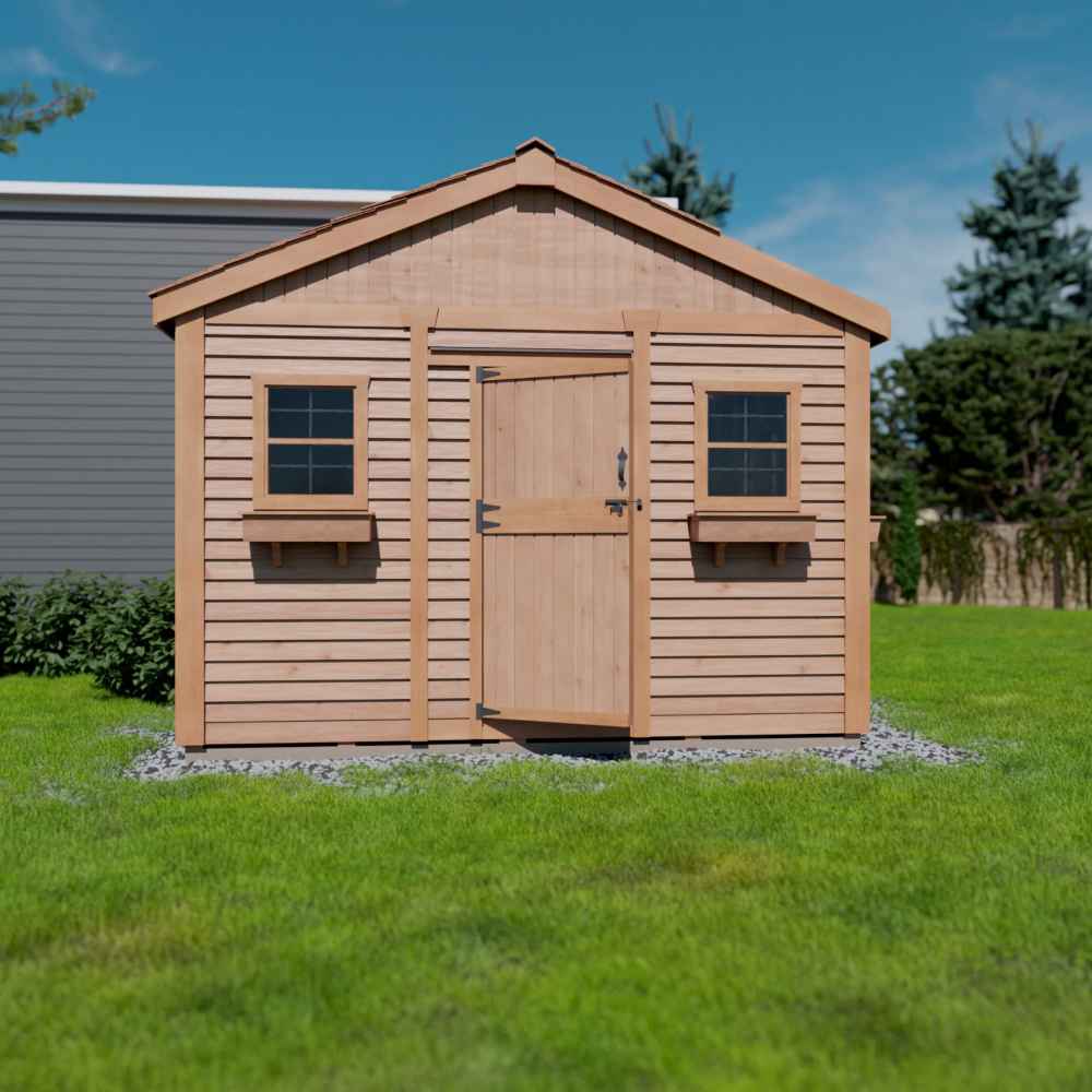 Front view of the Outdoor Living Today 12×16 Sunshed Garden Shed, highlighting its symmetrical windows, front door, and natural wood design
