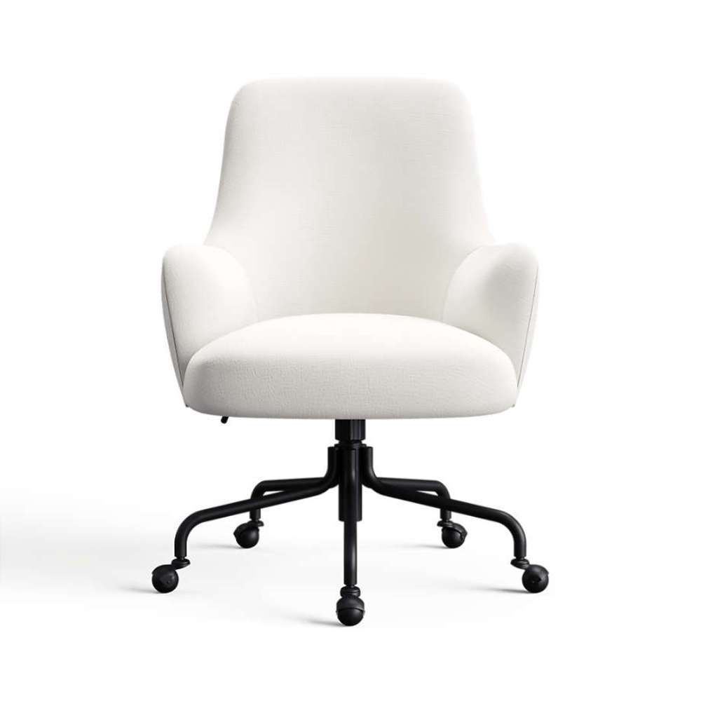 Frost Monet Recycled Chenille Crate & Barrel Bellevue Upholstered Office Chair in frost white chenille with padded arms and a black rolling base