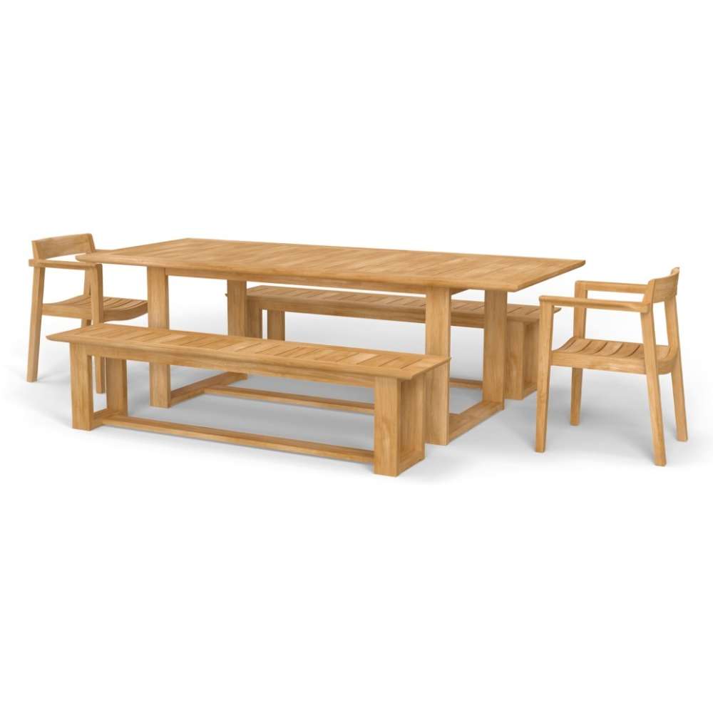 Full angled side view shows a wooden dining table with two benches and two armchairs on a white background, part of Westminster Teak Horizon Table & Bench Set