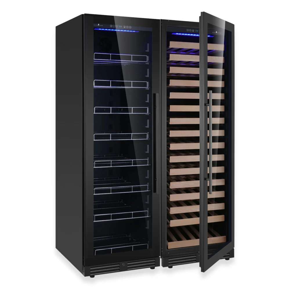 Full dual-zone wine and beverage storage view of KingsBottle Ultimate Wine & Beverage Upright Refrigerator Combo with Low-E Glass Door