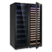 Full dual-zone wine and beverage storage view of KingsBottle Ultimate Wine & Beverage Upright Refrigerator Combo with Low-E Glass Door