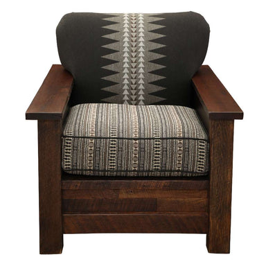Full front view of Fireside Lodge Barnwood Americana Lounge Chair shows its wide wooden frame and matching patterned seat and back cushions