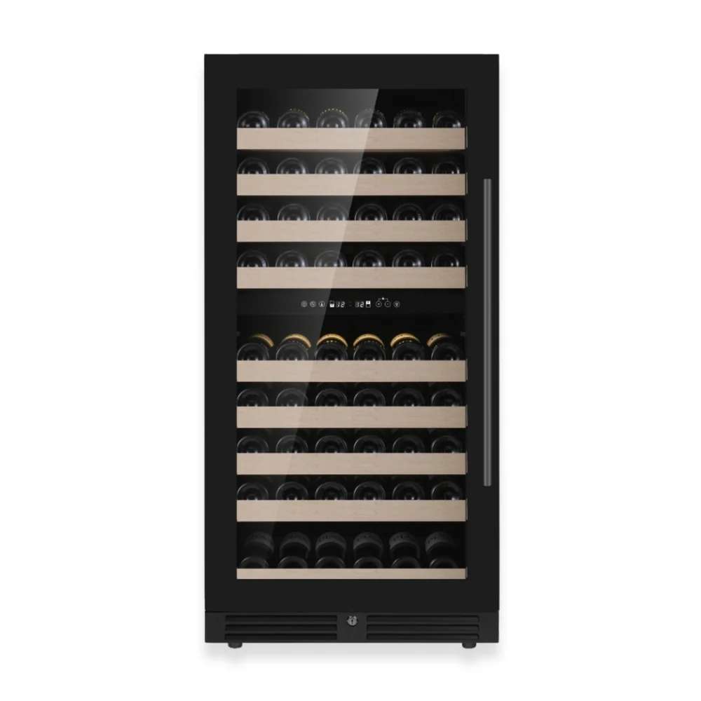Full front view of KingsBottle 47-Inch Tall Dual Zone Wine Cooler With Low-E Glass Door with wooden shelves and wine bottles