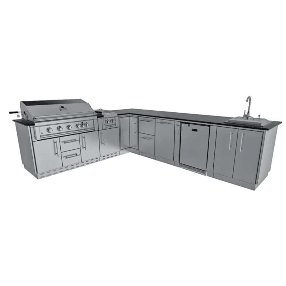 Full front view of Sunstone Rancher L-Shaped 8′11″ × 11′ Outdoor Kitchen Package with grill, fridge, sink, and drawers