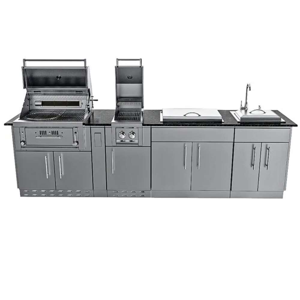 Full front view of a modern outdoor kitchen setup from the Sunstone Alamo 10ft Outdoor Cabinet Island Package with Hybrid Grill