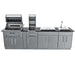 Full front view of a modern outdoor kitchen setup from the Sunstone Alamo 10ft Outdoor Cabinet Island Package with Hybrid Grill
