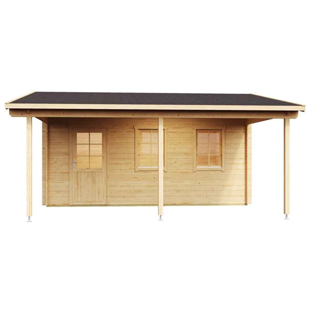 Full-frontal view of the GardenHouse24 USA Garage Bjarne 44 Garden Room showcasing its front door, twin windows, and spacious porch