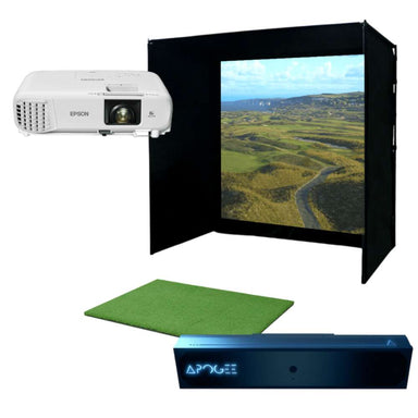Full indoor golf simulator with screen, mat, projector, and sensor is displayed using TruGolf APOGEE Golf Launch Monitor w/ Starter 10 (2025) Enclosure
