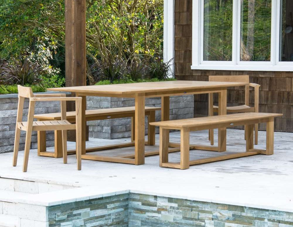Full outdoor patio setup shows Westminster Teak Horizon Table and Bench Set with benches and chairs