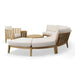 Full outdoor set featuring Westminster Teak Kafelonia Sofa Sectional includes curved seating pieces, a round teak coffee table, and a matching chair arranged together