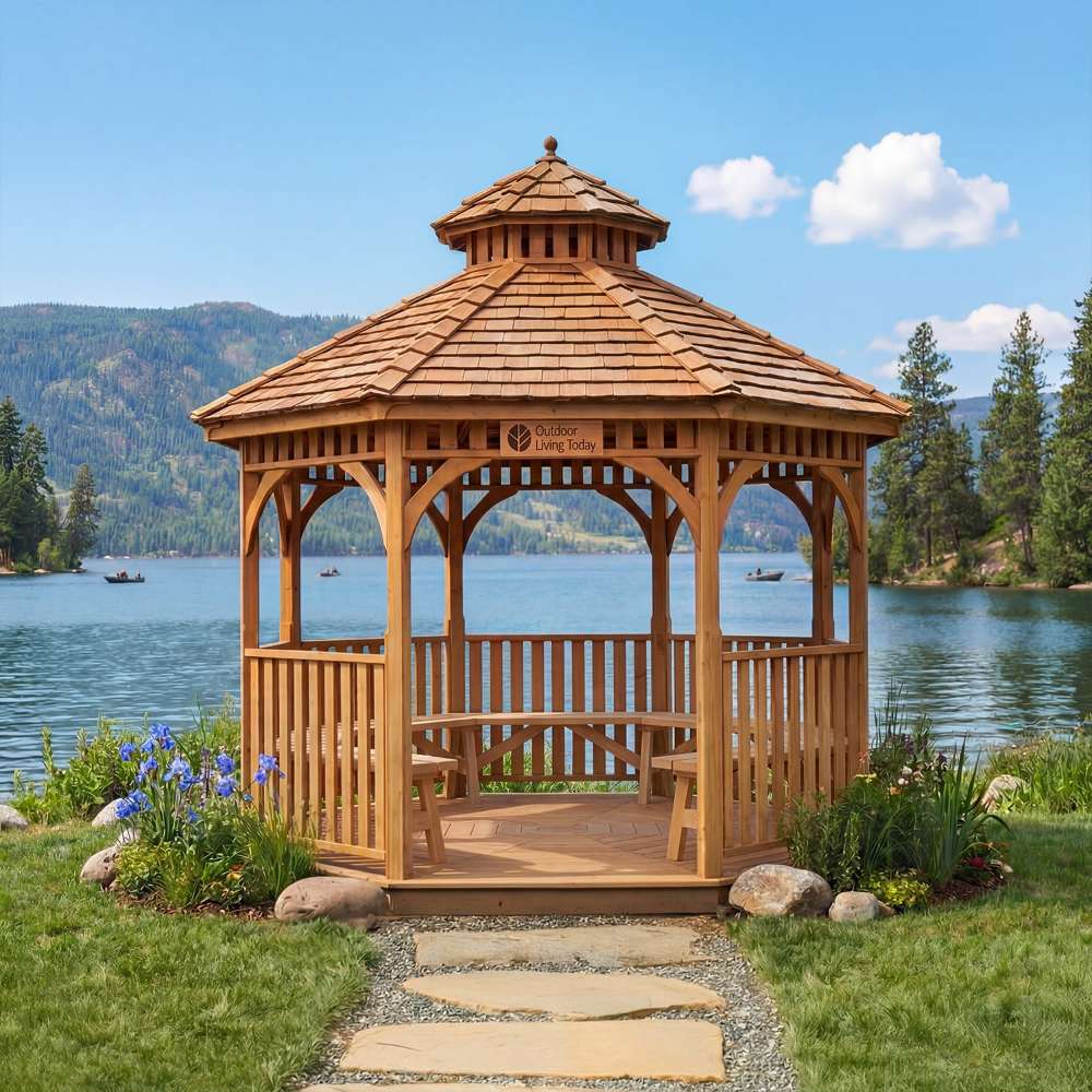 Full outdoor view of Outdoor Living Today Western Red Cedar Octagon Bayside Gazebo surrounded by flowers, grass, and a lakefront setting