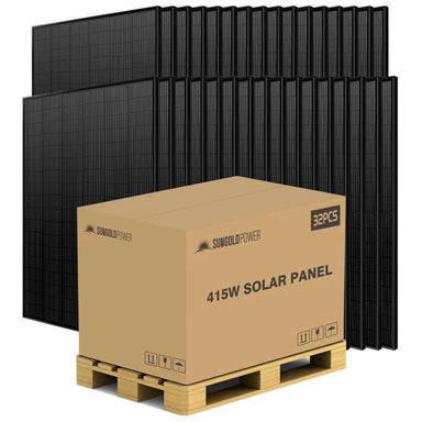 Full pallet of 32 solar panels is packaged for shipping with Sun Gold Power 415W Mono Black PERC Solar Panel Full Pallet (32 Panels) displayed beside the shipping box