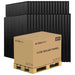 Full pallet of 32 solar panels is packaged for shipping with Sun Gold Power 415W Mono Black PERC Solar Panel Full Pallet (32 Panels) displayed beside the shipping box