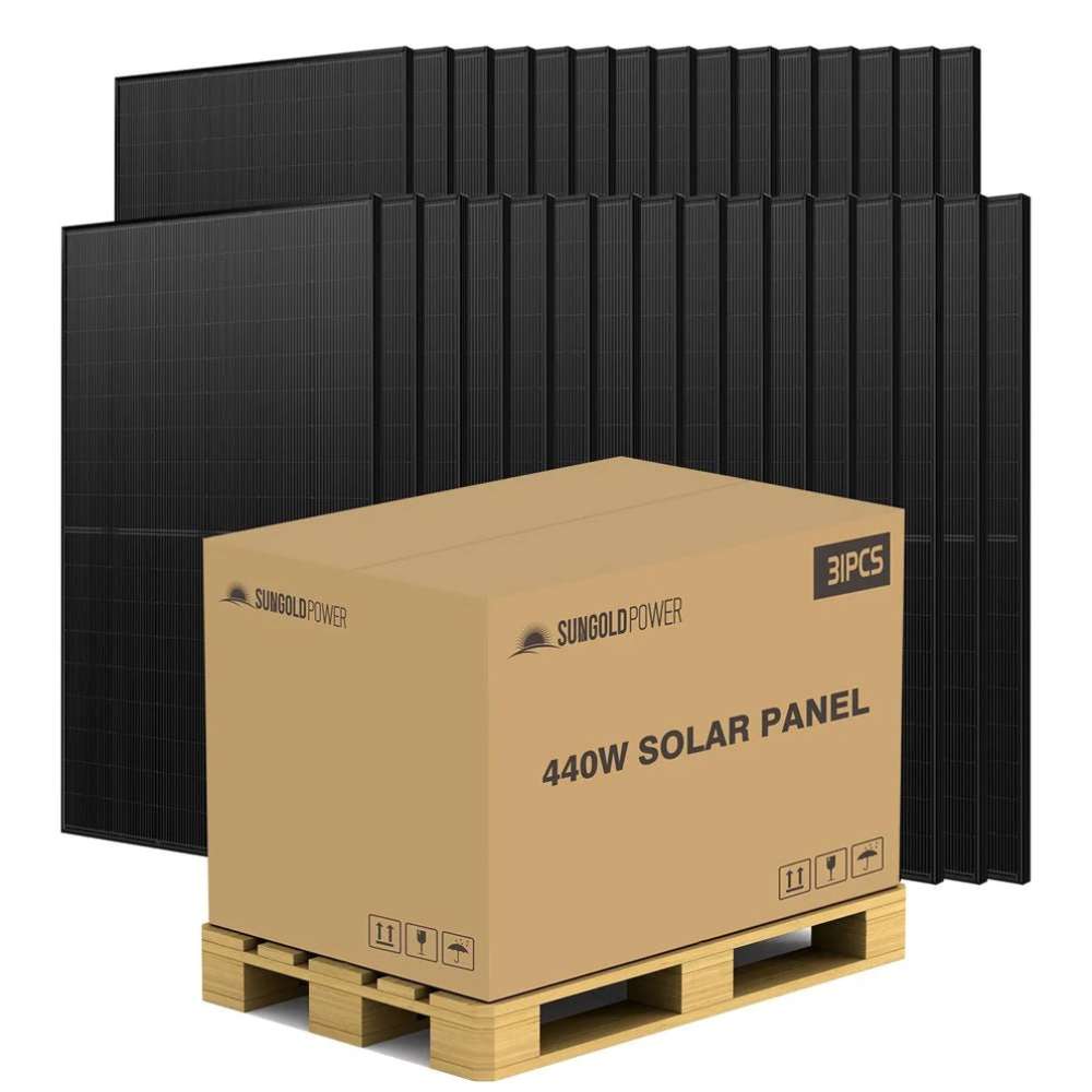 Full pallet of Sun Gold Power 440W Mono Black N-Type Solar Panel Full Pallet (31 Panels) displayed with 31 black solar panels stacked behind a shipping box