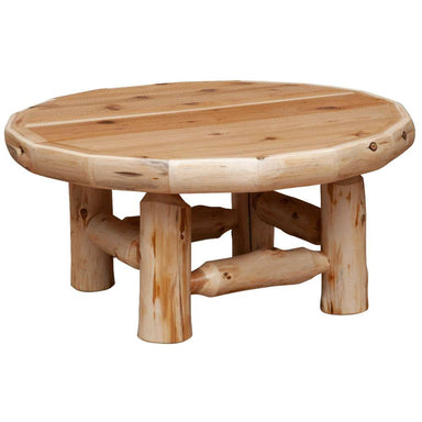 Full round cedar table supported by thick natural log legs for Fireside Lodge Cedar Log Round Coffee Table - 42-Inch