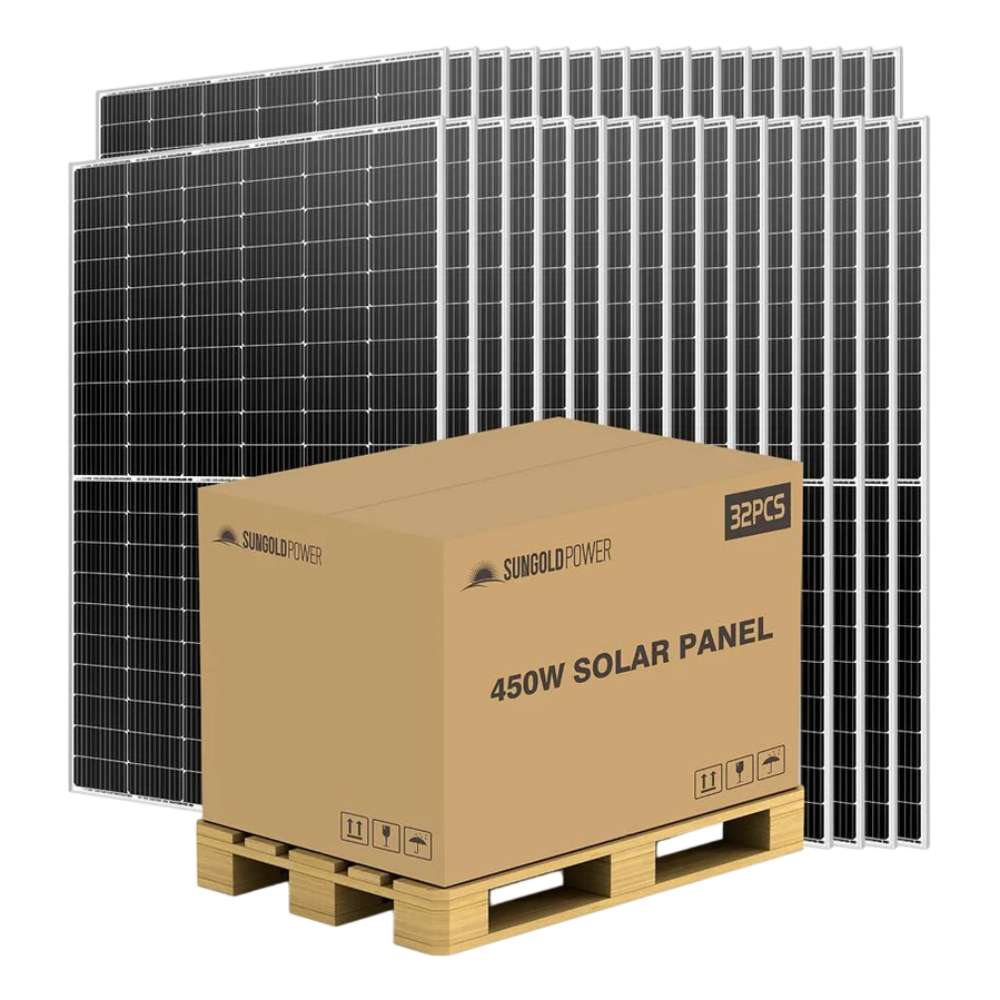 Full shipment of Sun Gold Power 450W Mono Black PERC Solar Panel Full Pallet (32 Panels) is shown with 32 solar panels and a palletized shipping box
