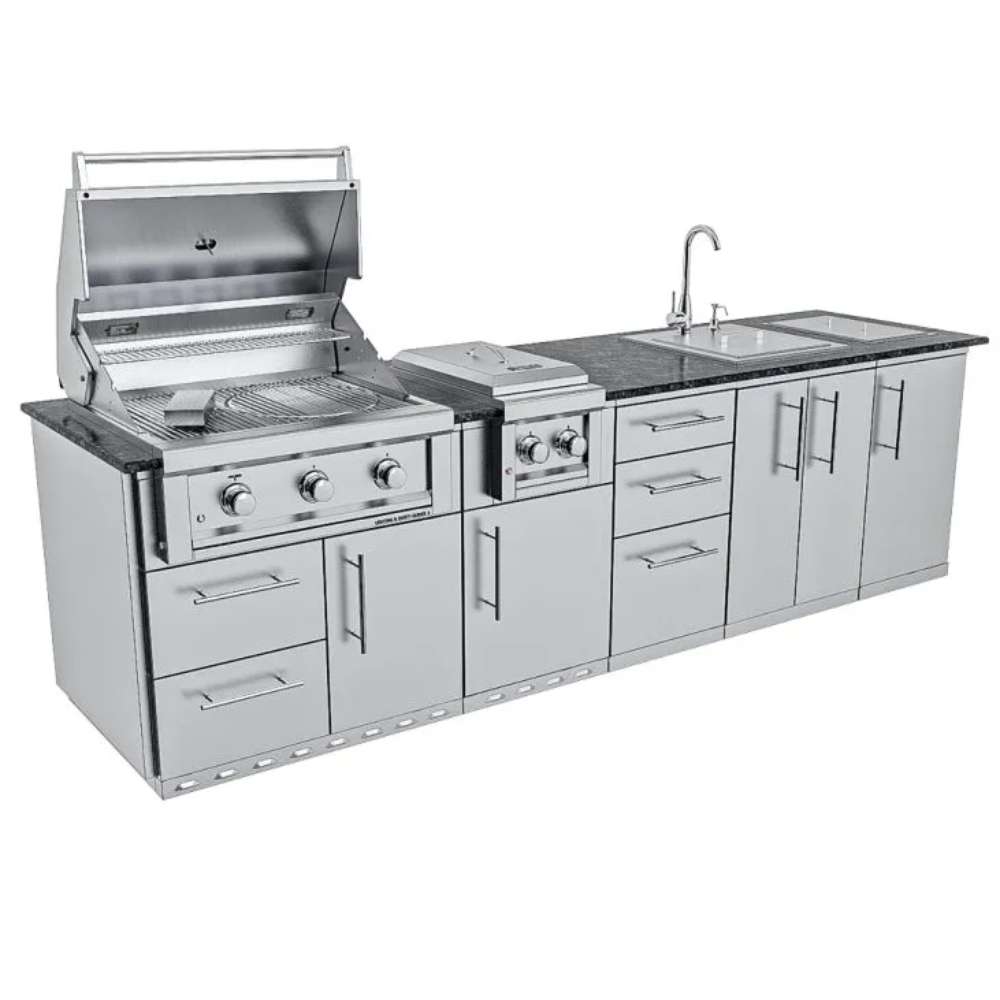 Full view of Sunstone Magnolia 10ft Outdoor Kitchen Island Package showing grill, side burner, sink, and storage cabinets in stainless steel