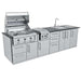 Full view of Sunstone Magnolia 10ft Outdoor Kitchen Island Package showing grill, side burner, sink, and storage cabinets in stainless steel