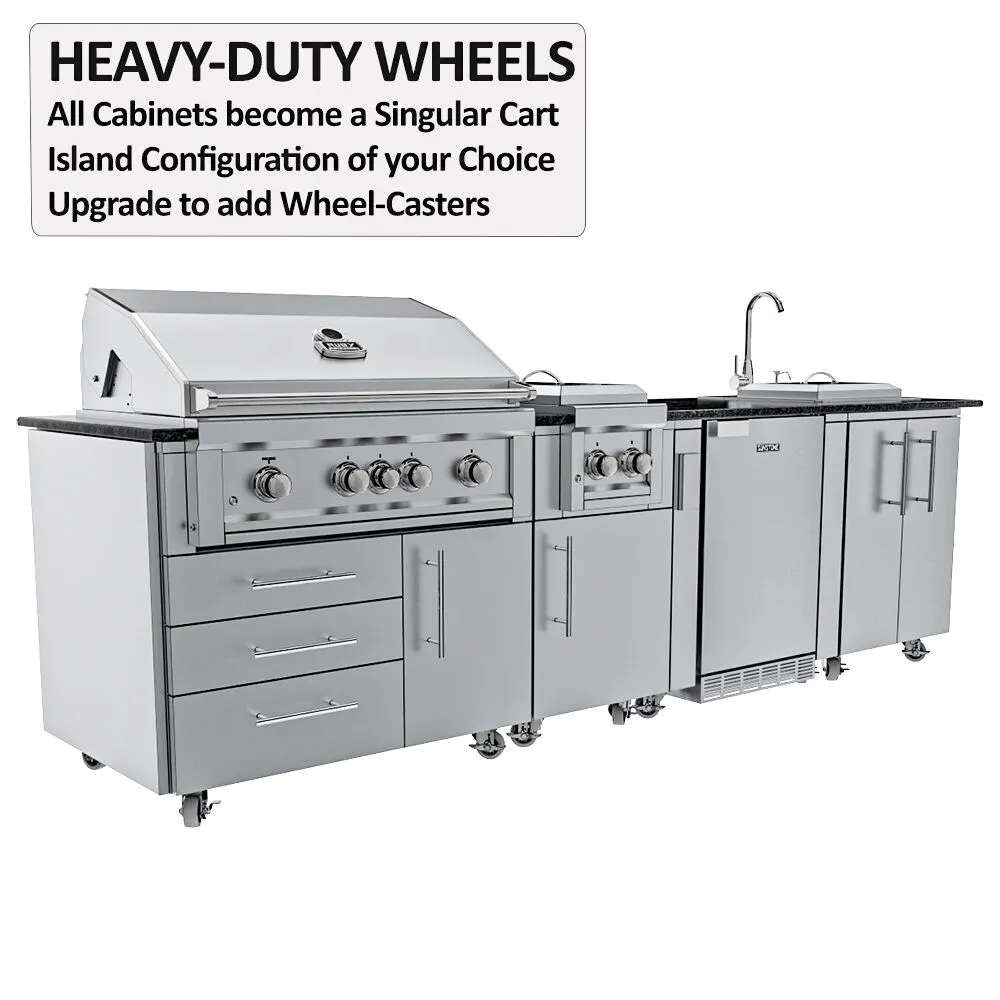 Full view of Sunstone Summit 10ft Outdoor Kitchen Island Package featuring heavy-duty wheels under each cabinet for easy movement