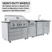 Full view of Sunstone Summit 10ft Outdoor Kitchen Island Package featuring heavy-duty wheels under each cabinet for easy movement
