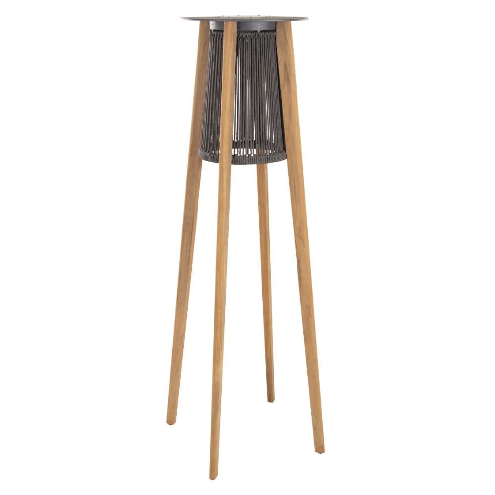 Full view of Westminster Teak Luna Standing Lamp reveals tall, angled wooden legs supporting a modern rope-wrapped light fixture with a flat circular top