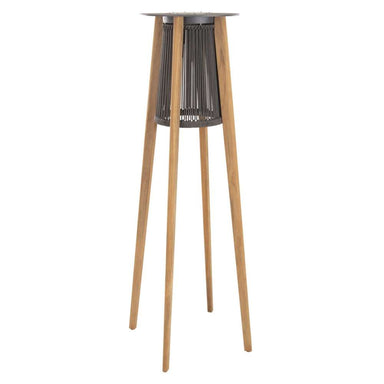 Full view of Westminster Teak Luna Standing Lamp reveals tall, angled wooden legs supporting a modern rope-wrapped light fixture with a flat circular top